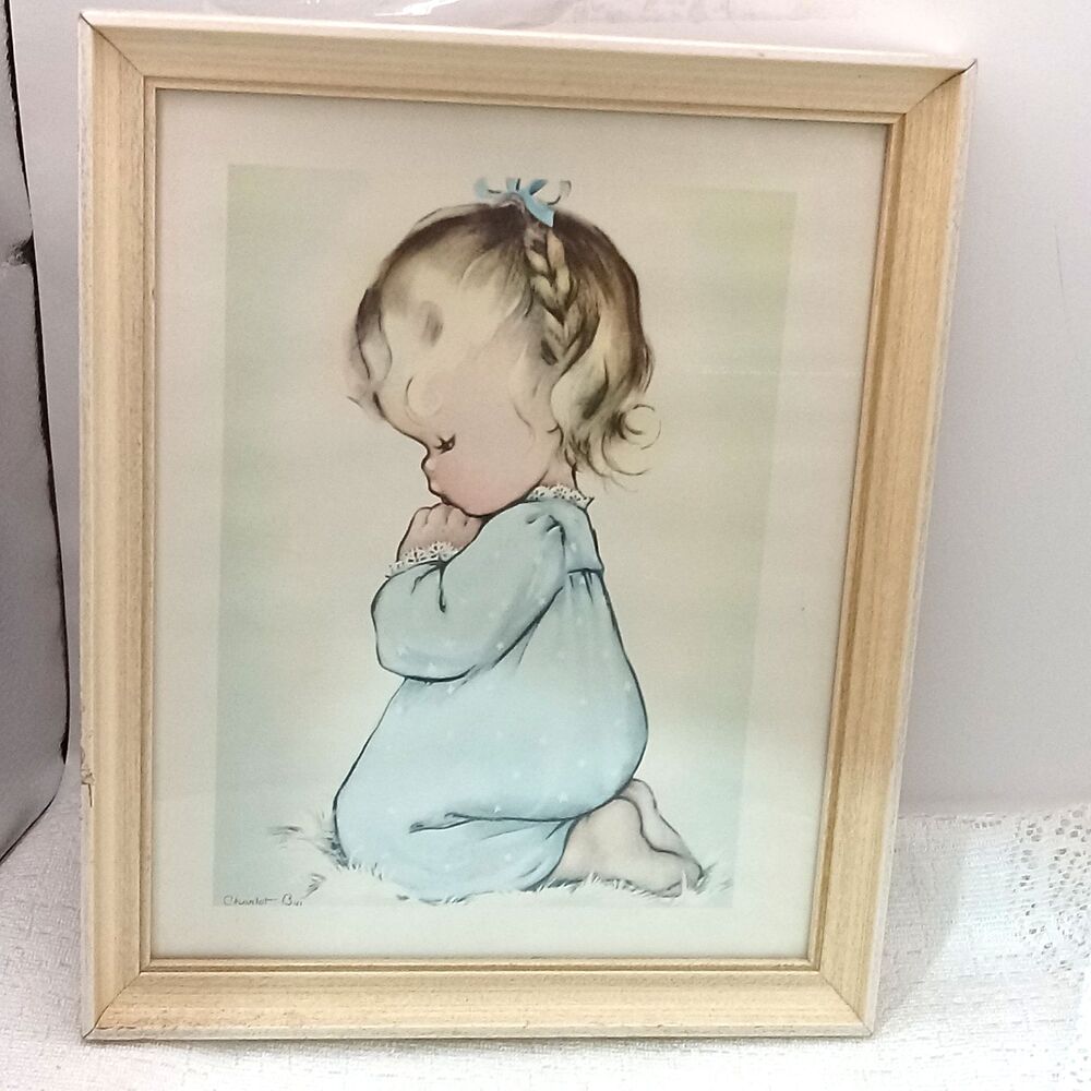 A Child’s Prayer Vtg Framed Print Blonde Girl Kneeling Charlot Byj 1950s Nursery